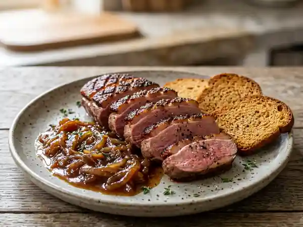 Magret de canard rôti au pain d'épices avec fondue d'oignons caramélisés - Photo de présentation