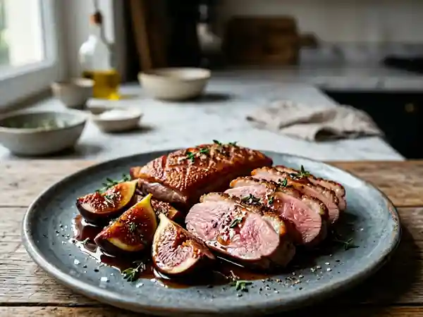 Magret de canard rôti aux figues fraîches caramélisées - Photo de présentation