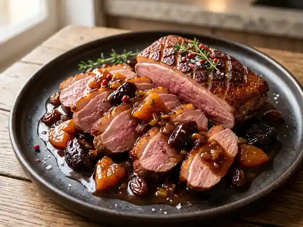 Magret de canard rôti aux fruits secs et sauce au vin rouge - Photo de présentation