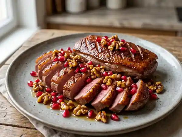 Magret de canard rôti aux noix croquantes et grenade fraîche - Photo de présentation
