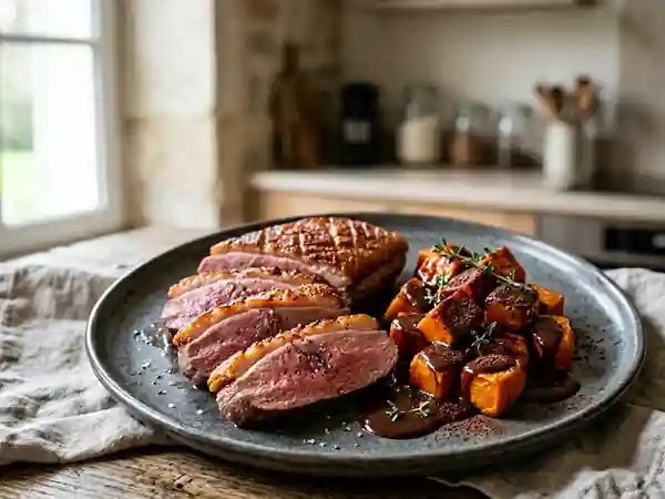 Magret de canard fondant, patates douces au cacao - Photo de présentation