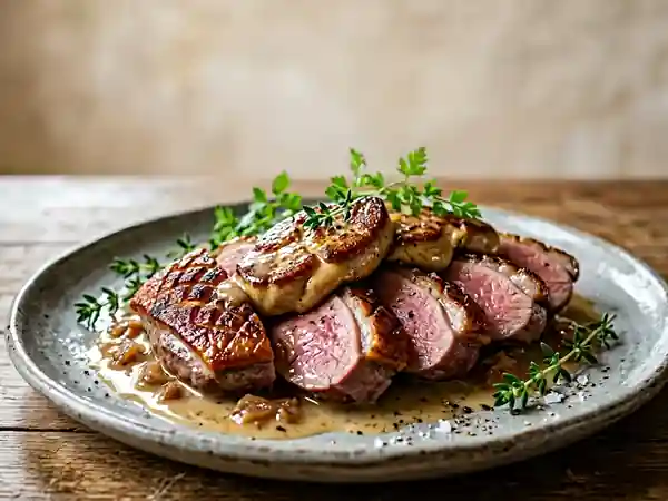 Magret de canard au foie gras fondant et crème - Photo de présentation