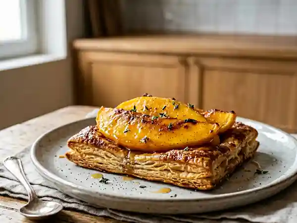 Mangues rôties à la vanille sur pâte feuilletée croustillante au sucre - Photo de présentation