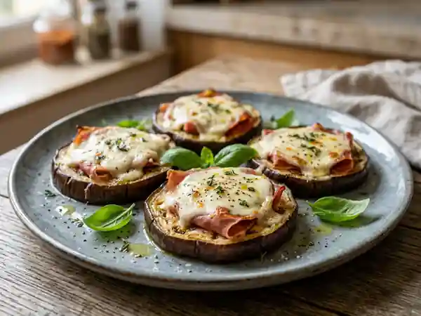 Médaillons d'aubergine fondants au jambon cru et fromage - Photo de présentation