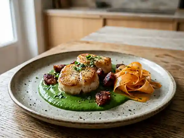 Médaillons de lotte en cochonaille sur lit de crème d'oseille et carpaccio de carottes frais - Photo de présentation