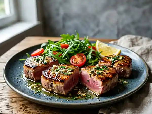 Médaillons de thon grillés aux herbes fraîches et citron - Photo de présentation