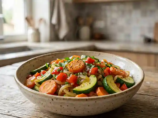 Mélange savoureux de petits légumes sautés - Photo de présentation