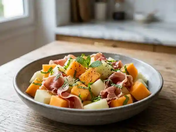 Méli-mélo de melons frais accompagné de jambon cru - Photo de présentation