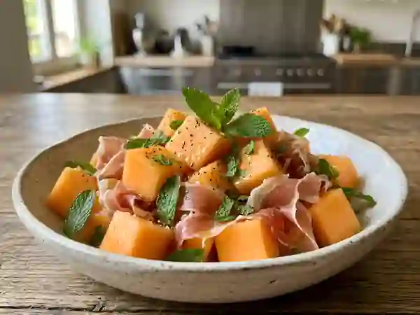 Melon fondant au jambon cru et menthe fraîche - Photo de présentation