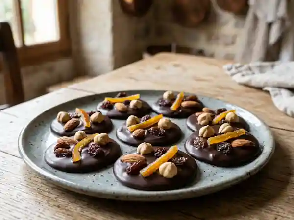 Mendiants au chocolat noir et fruits croquants - Photo de présentation