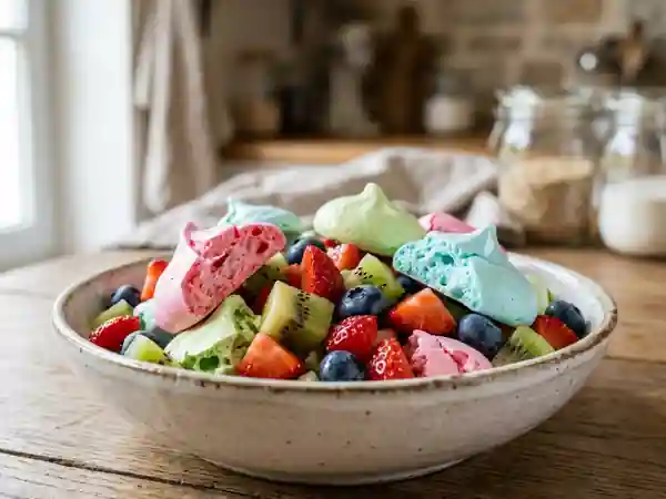 Meringues arc-en-ciel et fruits frais - Photo de présentation