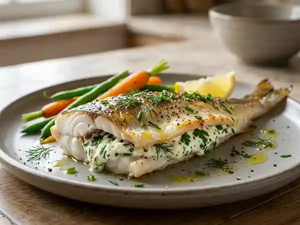 Merlan farci au fromage blanc et herbes fraîches - Photo de présentation