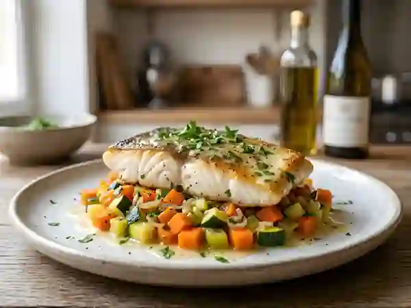 Merlan nacré et sa fondue de légumes au vin blanc - Photo de présentation