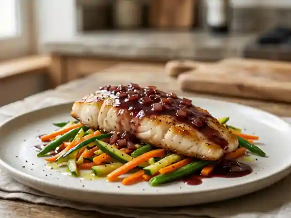 Merlan fondant sauce porto et croquant de légumes - Photo de présentation