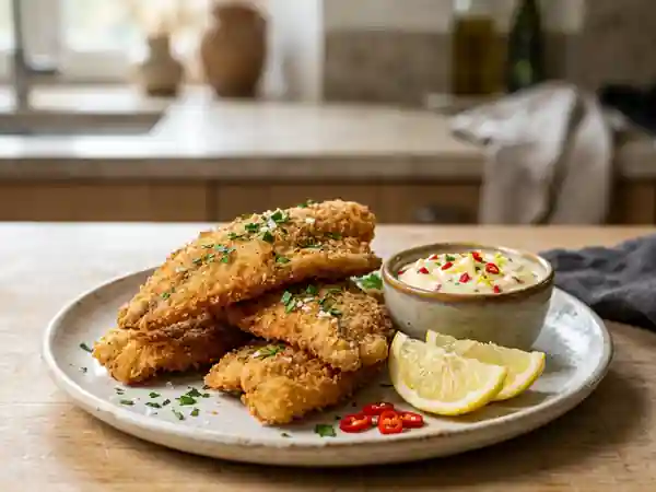 Merlans frits croustillants à la sauce piquante maison - Photo de présentation
