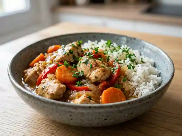 Poulet fondant au riz et légumes croquants - Photo de présentation