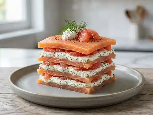 Mille-feuille gourmand de saumon fumé, carré frais et pamplemousse - Photo de présentation