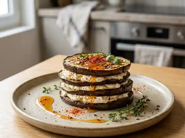 Mille-feuille d'aubergine fondant chèvre et miel - Photo de présentation