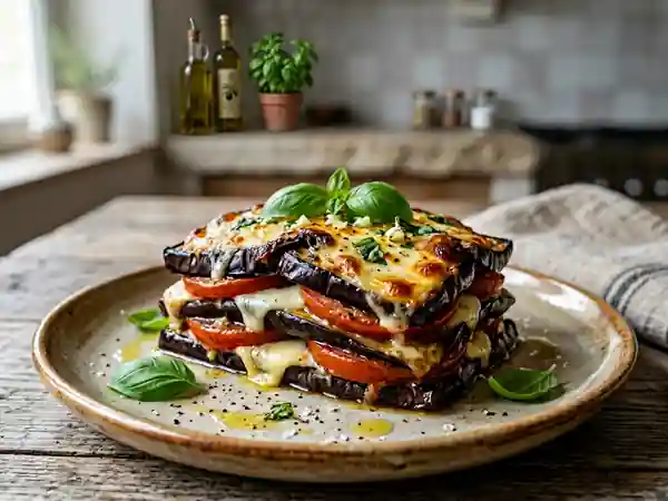 Mille-feuilles d'aubergines fondant et mozzarella - Photo de présentation
