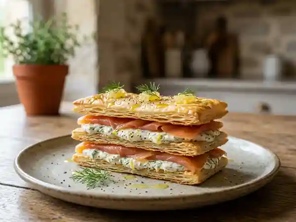 Mille-feuilles gourmand au saumon fumé et fromage frais - Photo de présentation
