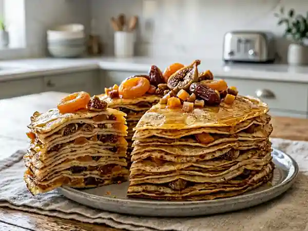 Millefeuille de crêpes au miel et fruits secs - Photo de présentation