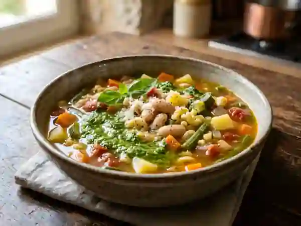 Minestrone au pistou parfumé et légumes tendres - Photo de présentation