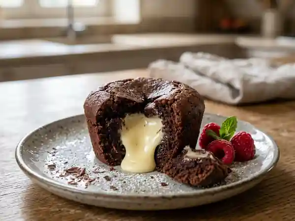 Moelleux au chocolat noir avec cœur fondant blanc - Photo de présentation