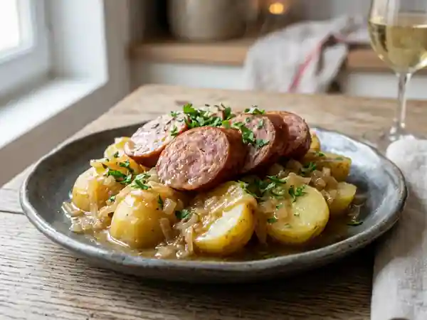Morteau au vin blanc et pommes de terre fondantes : recette traditionnelle savoureuse - Photo de présentation