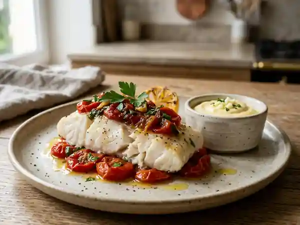Morue à la Provençale accompagnée de sa sauce aïoli maison - Photo de présentation