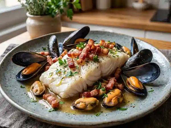 Morue aux moules et lard grillé : recette savoureuse et gourmande - Photo de présentation