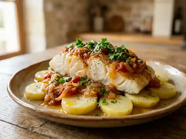 Morue gasconne aux tomates et ail confit - Photo de présentation