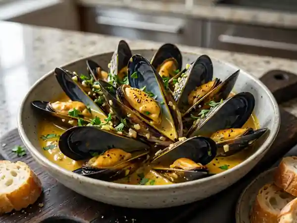 Moules crémeuses au curry et ail fondant - Photo de présentation