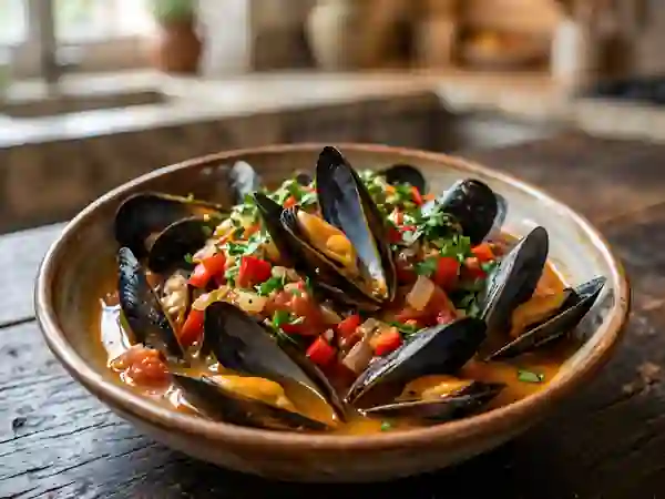 Moules à la provençale, ail et poivrons tendres - Photo de présentation