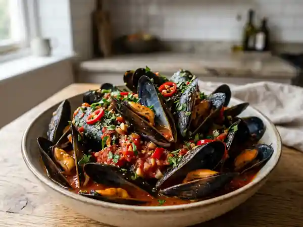 Moules braisées au piment et vin blanc - Photo de présentation
