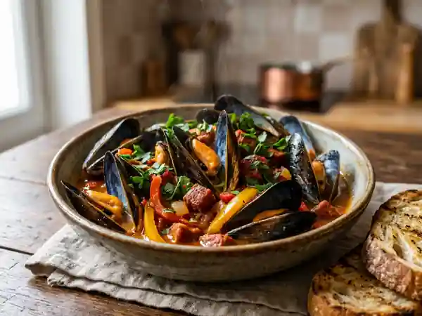 Moules à l'espagnole savoureuses au chorizo et poivrons - Photo de présentation
