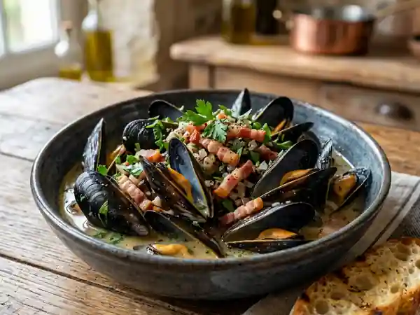 Moules au lard fumé et vin blanc : recette savoureuse et facile - Photo de présentation