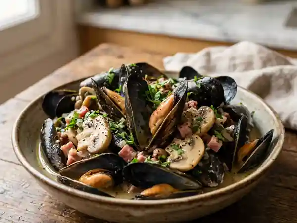 Moules aux champignons et jambon fumé : recette savoureuse et gourmande - Photo de présentation