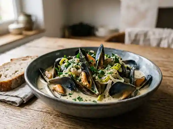 Moules crémeuses aux poireaux et vin blanc : recette gourmande et facile - Photo de présentation