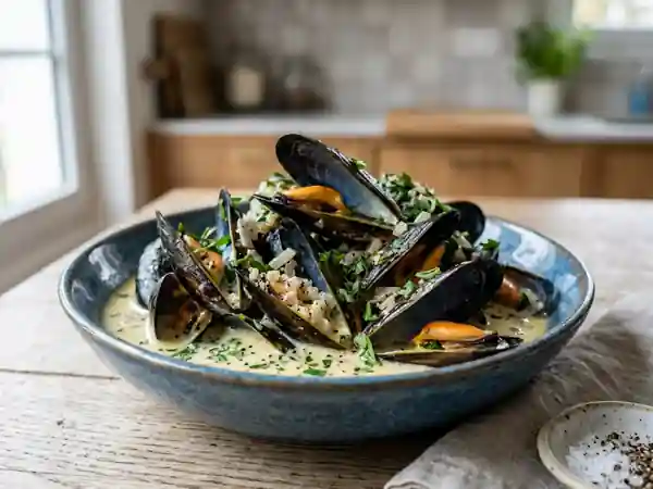 Moules en Sauce Crémeuse à l'Ail et au Vin Blanc - Photo de présentation