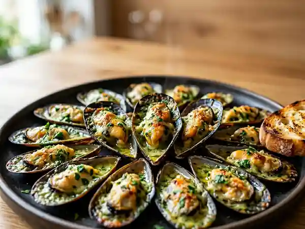 Moules gratinées au beurre d'ail persillé - Photo de présentation