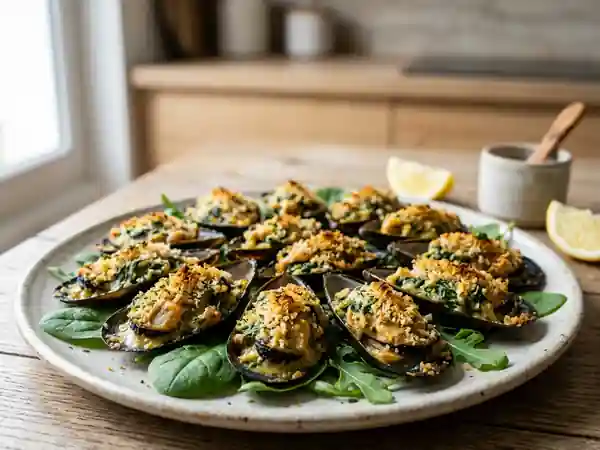 Moules farcies : épinards fondants et curry - Photo de présentation