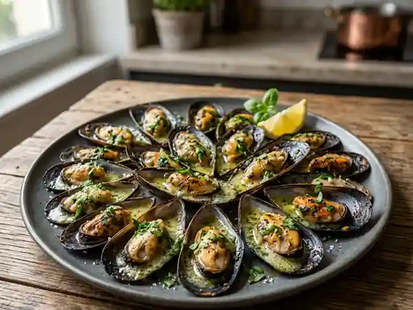 Moules grillées au beurre de basilic - Photo de présentation
