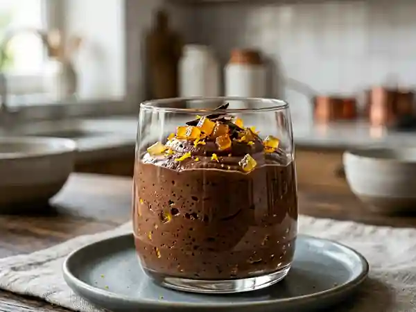 Mousse au chocolat noir intense à l'orange et écorces d'orange confites - Photo de présentation