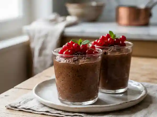 Mousse au chocolat noir intense et groseilles fraîches - Photo de présentation
