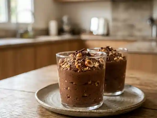 Mousse au chocolat onctueuse aux éclats de noisettes croquantes - Photo de présentation