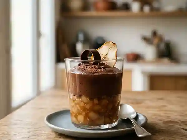 Mousse au chocolat onctueuse sur compotée de poires fondante - Photo de présentation