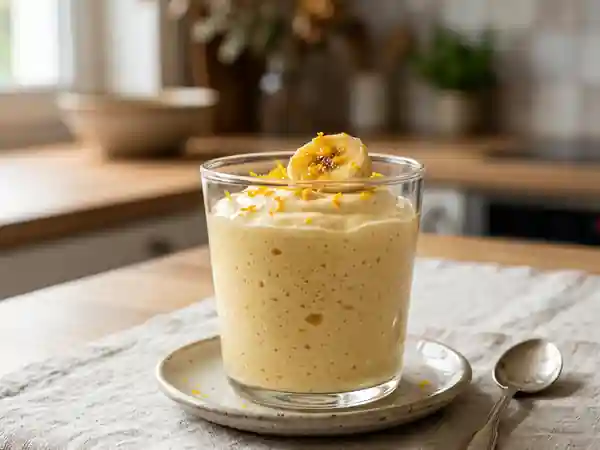 Mousse légère à la banane et à l'orange, dessert frais et fruité - Photo de présentation