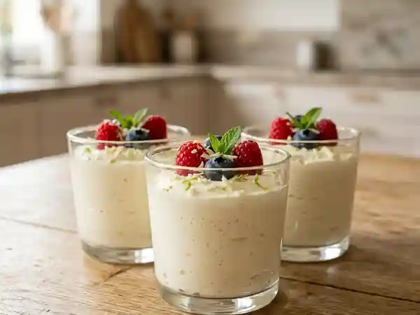 Mousse légère au chocolat blanc et fromage blanc, dessert gourmand et frais - Photo de présentation