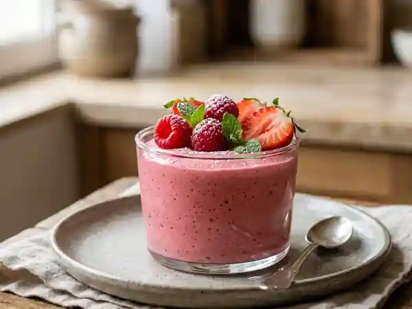 Mousse légère et onctueuse aux framboises ou fraises fraîches - Photo de présentation