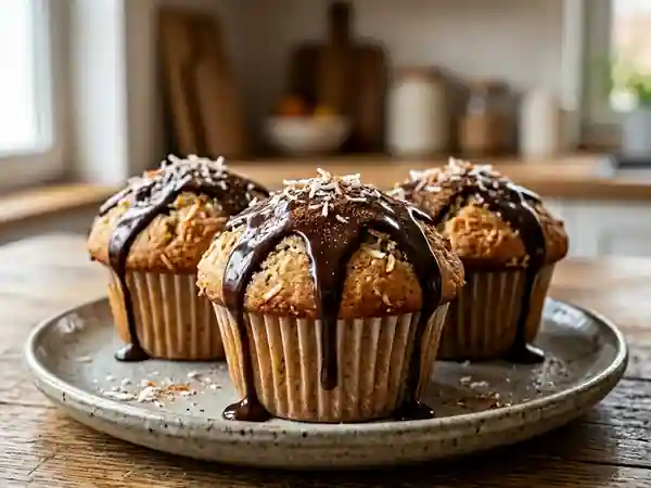 Muffins moelleux à la noix de coco et cannelle avec coulis de chocolat fondant - Photo de présentation